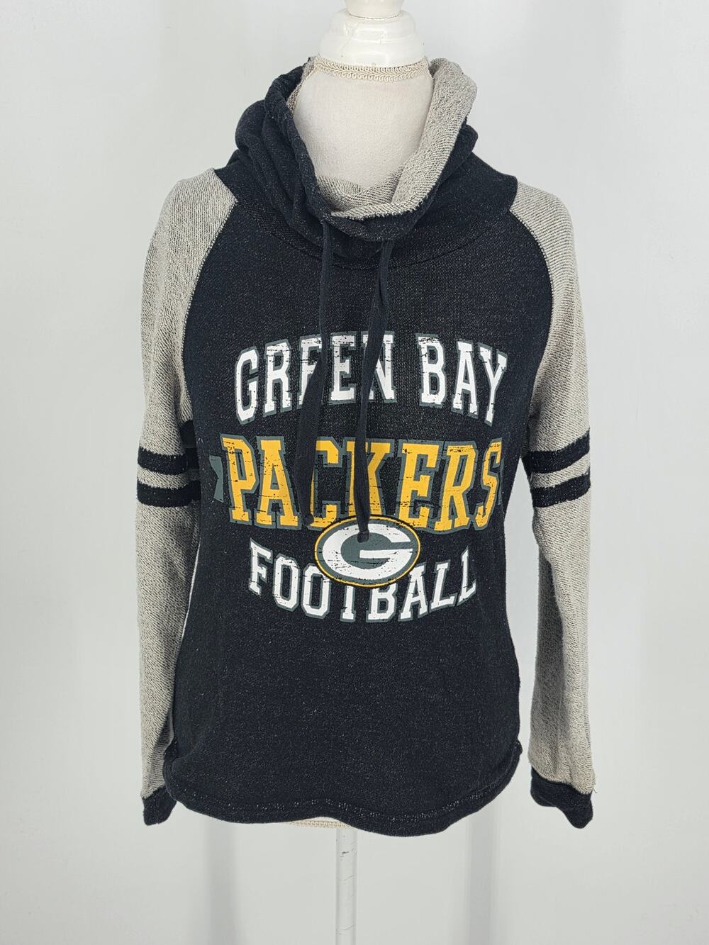 Green Bay Packers Sweatshirt Womens M Black Grey Raglan Cowl Neck Football